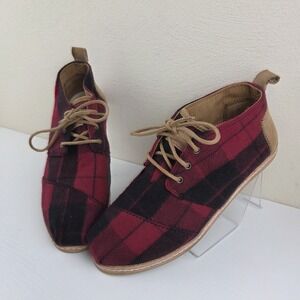 TOMS Women's Bota Chukka Red Plaid Felt Lace Up‎ Ankle Boots Size 9